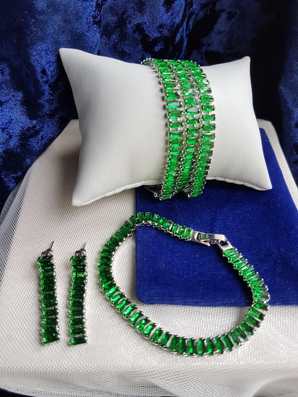 Swarovski Elements Gold Emerald Green Emerald-cut Baguette Tennis Earrings NEW